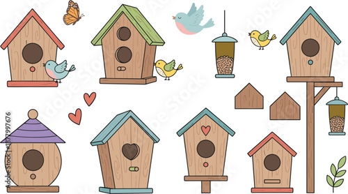 Rustic Birdhouse Illustration Set Featuring Wooden Houses, Cute Birds, Feeders, Butterflies, Hearts, and Simple Nature Elements