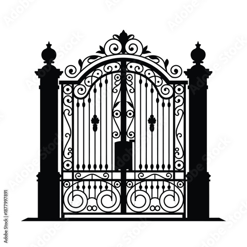 Elegant wrought iron gate design with ornate details and decorative posts