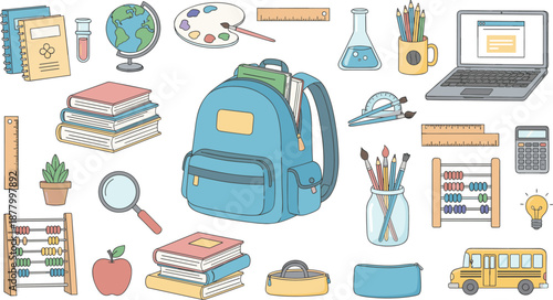 School and Classroom Illustration Set Featuring Backpack, Books, Laptop, Stationery, Science Tools, Bus, and Learning Elements