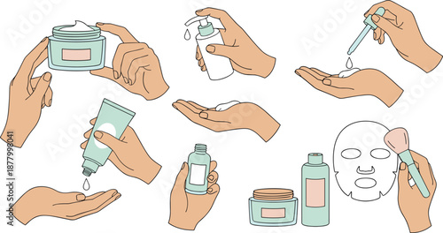 Skincare Routine Illustration Set Featuring Hands Applying Creams, Serums, Lotions, Face Masks, and Essential Beauty Products