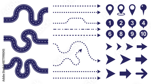 Roadmap Route Arrows and Location Pins Vector Set