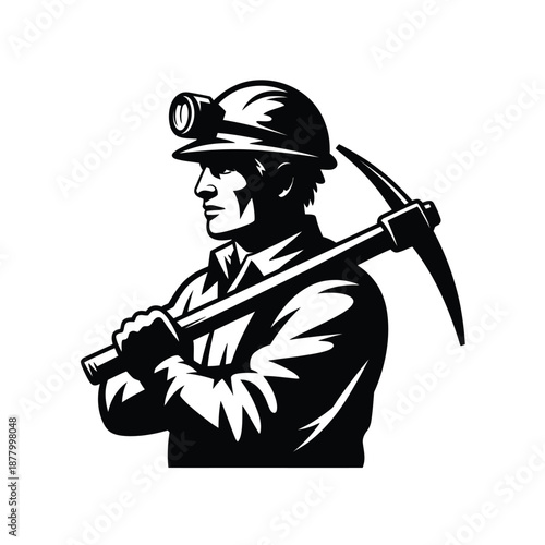 a black and white image of a coal miner with a pickaxe