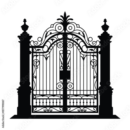 Intricate black wrought iron gate with ornate decorative details