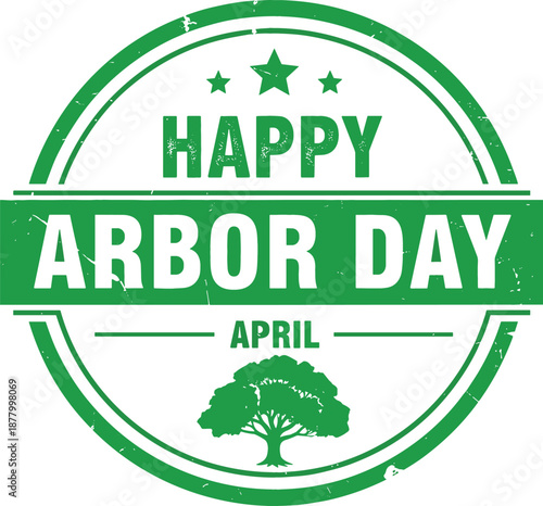 Vintage green circular vector seal with textured grit finish, stars, and tree silhouette for Happy Arbor Day branding.