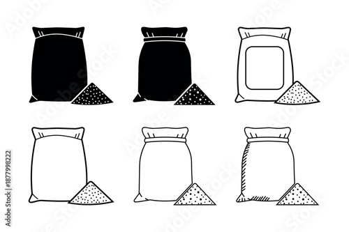 Set of Bag and Material Pile Icons. Outline and Solid Fill Vector Illustrations