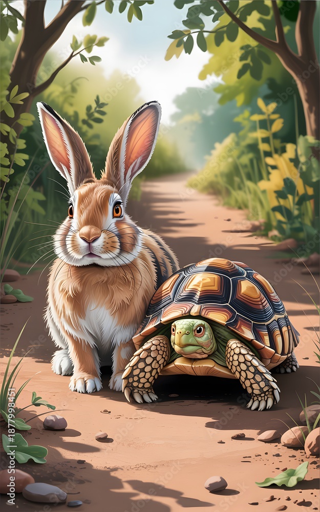 Fototapeta premium A charming illustration of a rabbit and a tortoise sitting side-by-side on a dirt path in a lush forest setting.