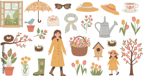 Spring Season Illustration Set Featuring Flowers, Gardening Items, Fashion Accessories, Nature Elements, and Outdoor Scenes
