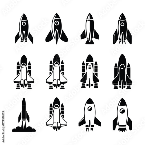 Collection of diverse rocket ship silhouettes in a simple black and white style