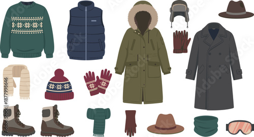 Winter Clothing Illustration Set Featuring Coats, Sweaters, Boots, Hats, Gloves, Scarves, and Essential Cold-Weather Accessories