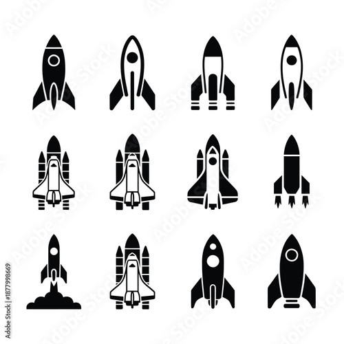Collection of various black rocket silhouettes displayed in a grid arrangement