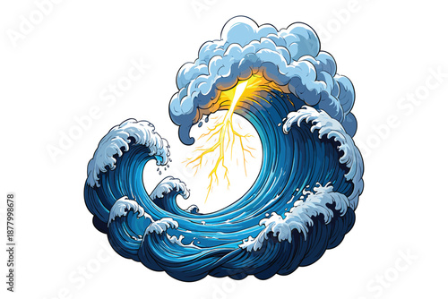 Dynamic clash of elemental waves: a vibrant illustration of water and fire in conflict on white background.