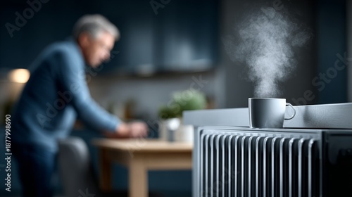 Close-up of a radiator emitting heat as a senior enjoys warmth from a hot drink indoors.