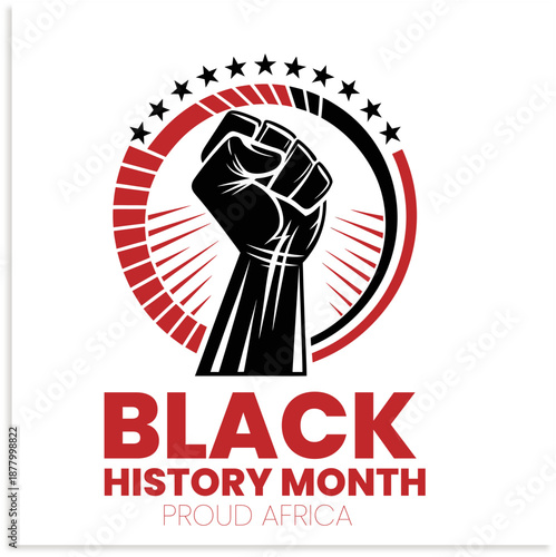 Black history month emblem with raised fist in circular frame with stars and stripes representing power resistance and pride for african american heritage and social justice advocacy
