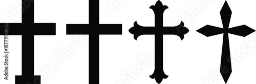 Set of Christian crosses in different styles representing faith, religion, worship, Christianity, spirituality and belief in bold minimalist black vector graphic icon illustration design