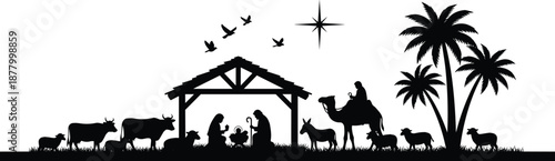 Nativity scene silhouette with Mary, Joseph, baby Jesus, shepherds, animals, palm trees and star of Bethlehem representing Christmas, faith, religion and Christian holiday tradition in vector design