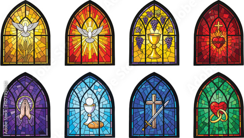 Collection of colorful stained glass church window designs featuring Christian symbols, Holy Spirit, Eucharist, prayer, cross, marriage and religious spirituality in detailed illustration style