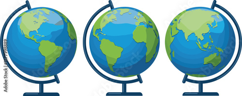Set of colorful world globe illustrations showing different continents, representing geography, education, global studies, travel and Earth science themes in detailed vector design