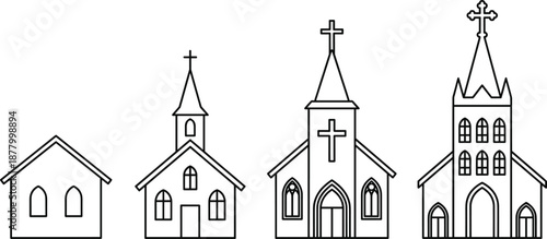 Set of church building illustrations showing architectural development from simple chapel to ornate cathedral, representing Christian architecture, faith, religion and worship in clean line art style