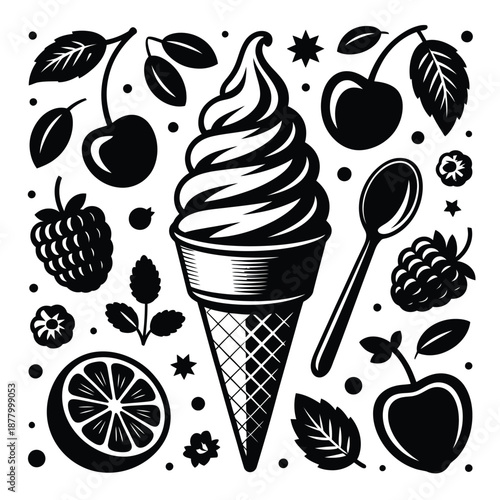 Black and white illustration featuring ice cream cherries and fresh fruits