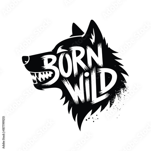 Born wild wolf head logo with sharp teeth and fur