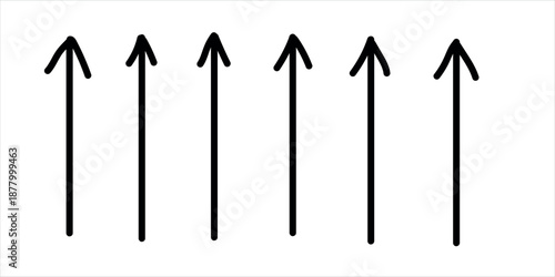 A group of five black arrows pointing upwards in a row on a white background