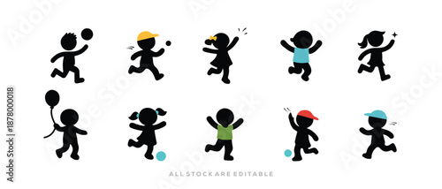 Stickman Kids Playing Silhouette Icon. swing icon set Line art, running children vector, fun kids playing silhouette, jumping kids Joyful Childhood Activities,  vector illustration 