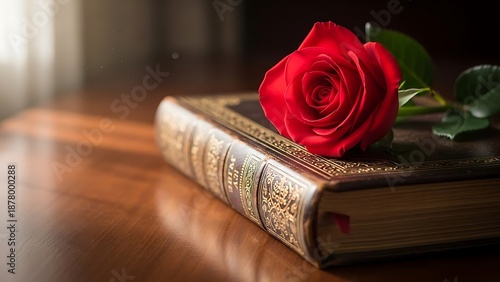Red rose on antique leather bound book golden details wooden table soft lighting romantic ambiance still life elegant classic love reading literature