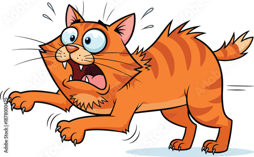 Cartoon startled cat illustration, orange tabby with stripes, frightened feline character, humorous animal design, surprised expression, flat vector illustration
