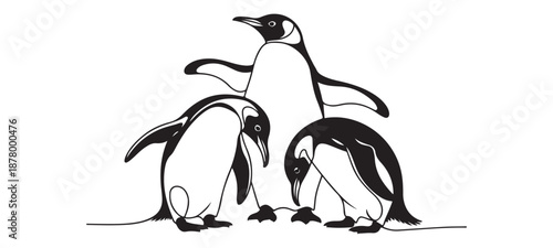 Penguin Family Vector Line Art Icon.