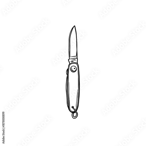 Folding knife with wooden handle in minimalist line art style  