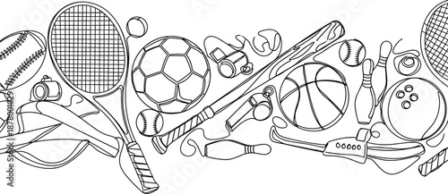 Minimalist Continuous Line Art Vector Illustration of Sports Equipment Featuring Tennis Rackets Soccer Balls Basketballs Baseball Bats Bowling Pins and Whistles for Athletic Branding