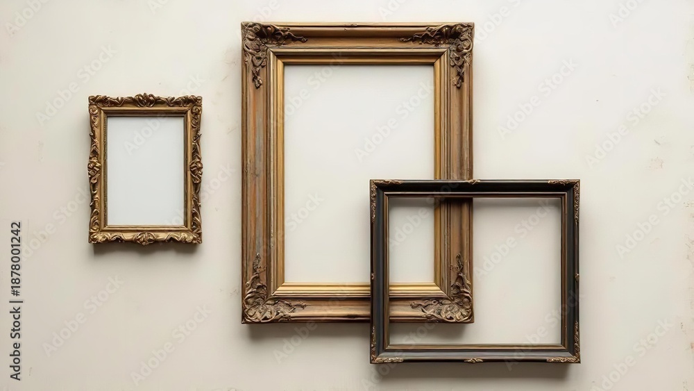 Fototapeta premium Elegant picture frames in various sizes and gold finishes displayed on a clean white background for decorative purposes