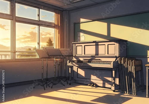 Upright piano in a music classroom at sunset with music stands and stacked chairs
