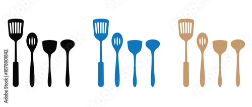Colorful collection of various kitchen utensils and cooking tools in silhouette design