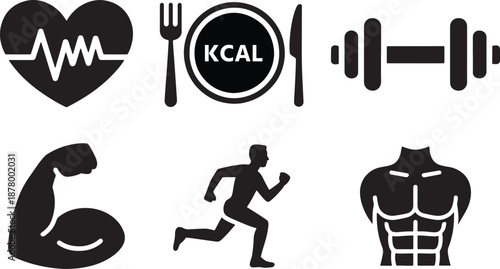 Health and Fitness Icons including Heartbeat, Calorie Plate, Barbell, Running Figure, Flexed Arm, Muscular Torso