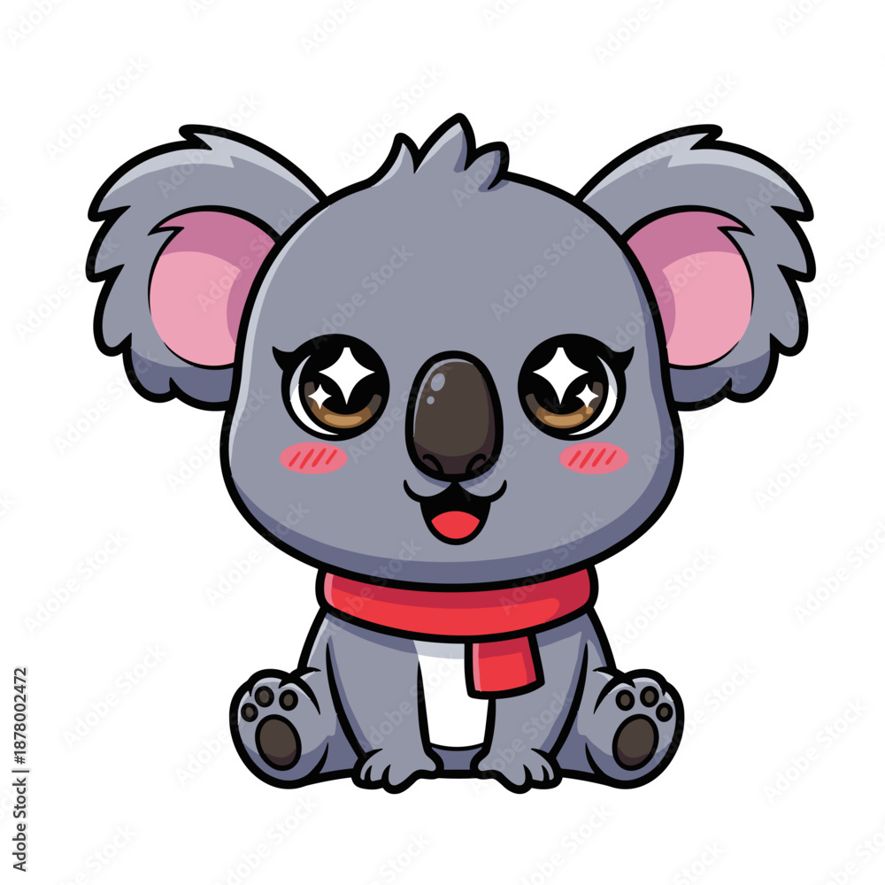 Fototapeta premium Cute cartoon koala wearing red scarf sitting on white background