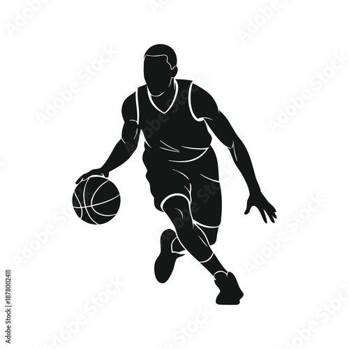 Basketball Player Silhouette Illustration of Male Athlete Dribbling Ball Action Vector
