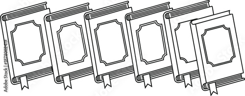 Vector Collection of Six Detailed Line Art Books Featuring Ornate Decorative Covers and Bookmarks for Islamic Holy Quran Library and Education Design
