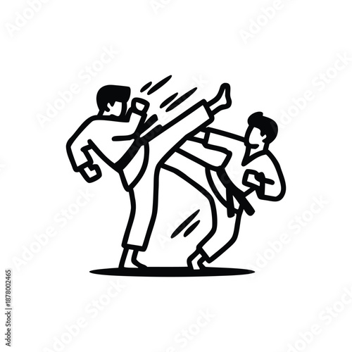 Professional Karate and Taekwondo Sparring Athletes High Kick Vector Illustration