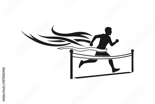 Runner silhouette, crossing finish line with speed motion lines, minimalist athlete winning race vector illustration
