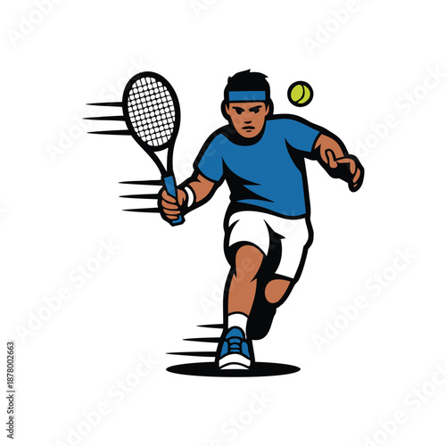 Cartoon tennis player, hitting a backhand stroke with motion lines on white background