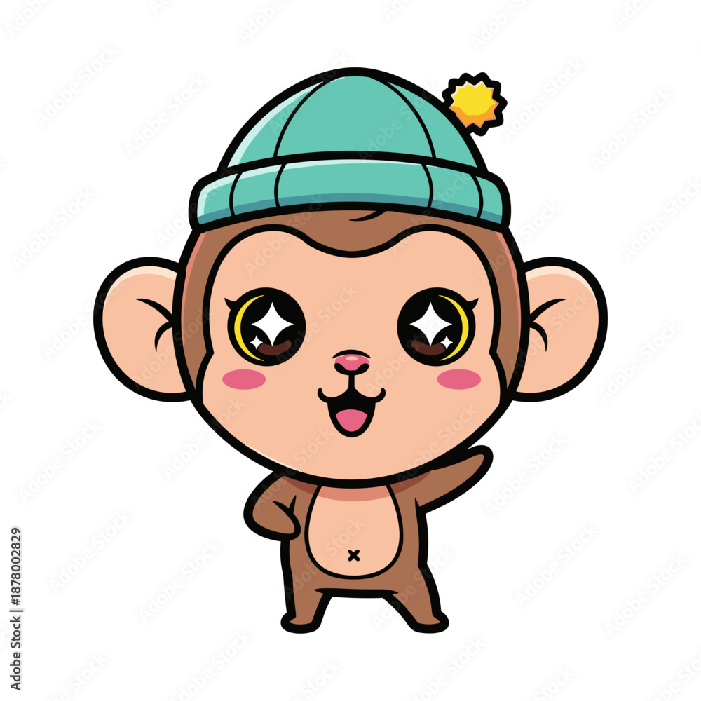 Fototapeta premium Cute cartoon monkey in green hat with yellow pom pom standing happy
