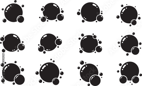 Water Droplet Bubble Silhouettes, Black Circular Grid Layout Representing Liquid and Purity