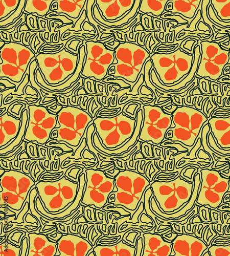 A vibrant pattern featuring orange flowers with black outlines set against a light green background, repeating seamlessly.
