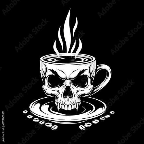 Skull Coffee Cup Illustration Dark Humor Caffeine Gothic Art