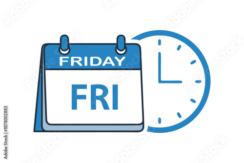 Friday Calendar and Clock Icon ,Time Management, Planning and Weekly Schedule Blue Vector Illustration
