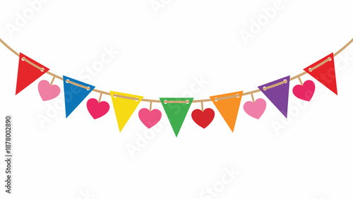 Colorful party bunting banner with rainbow flags and hanging hearts vector illustration isolated on white background