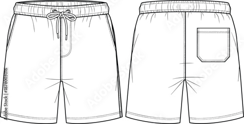 Vector Fashion Flat Sketch of Men's Casual Drawstring Shorts Featuring an Elastic Waistband Front Slant Pockets and a Single Square Back Pocket for Apparel Design Template