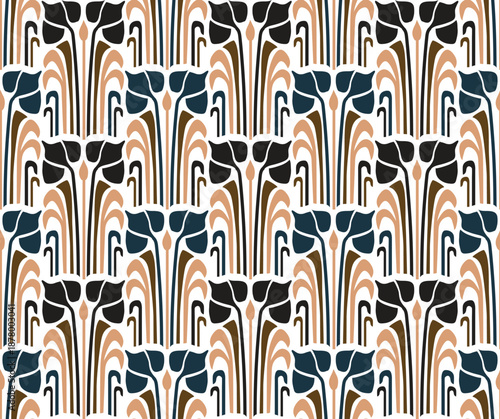 A repeating geometric pattern featuring stylized flower shapes in dark blue, brown, and peach against a white background.
