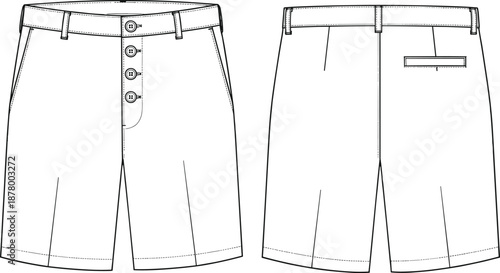 Vector Fashion Flat Sketch of Men's Chino Shorts Featuring a Four-Button Fly Waistband with Belt Loops Slanted Front Pockets and a Single Back Welt Pocket for Apparel Design Template